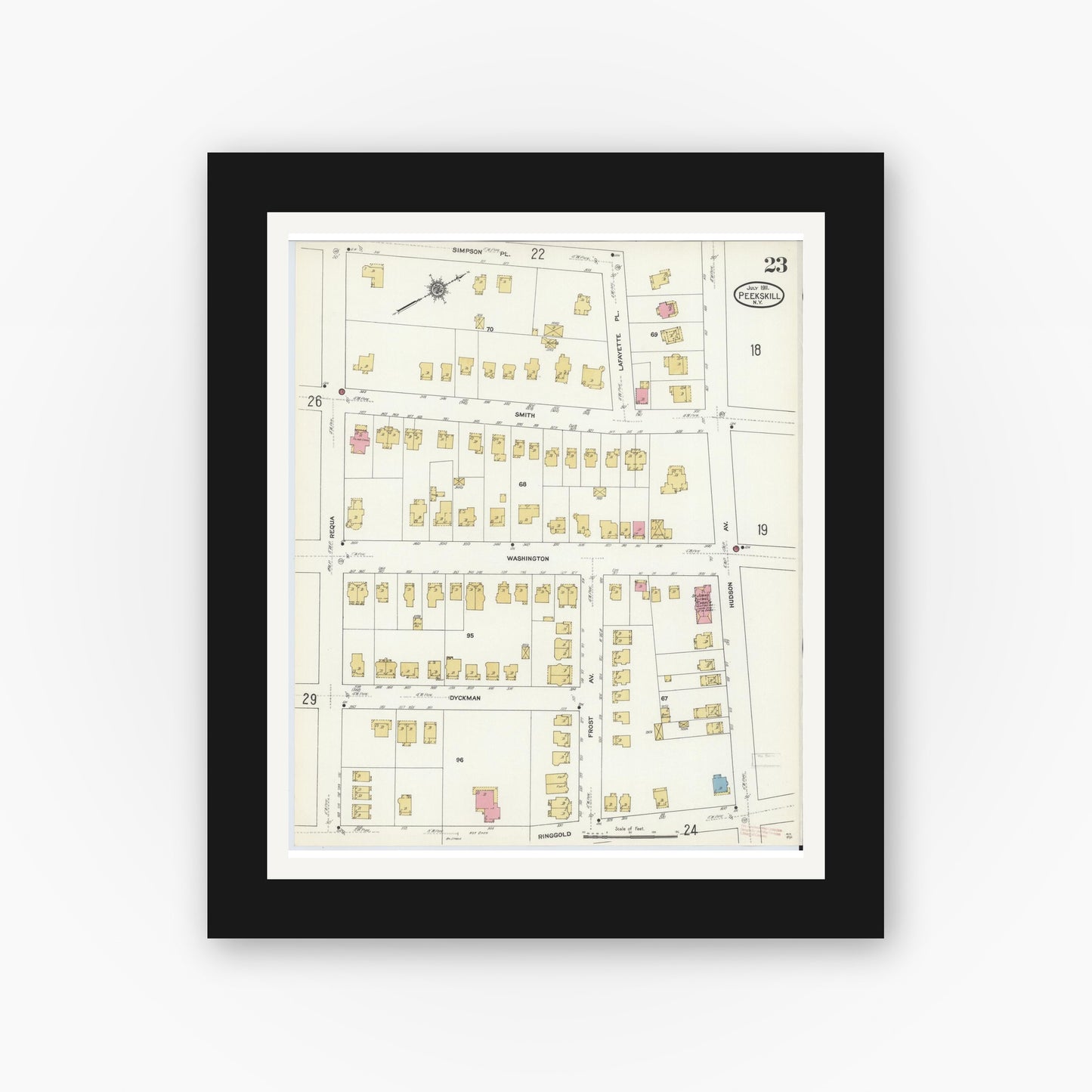 Old map wall art mockup — black gallery frame with white mat — Sanborn Fire Insurance Map from Peekskill, Westchester County, New York (1911), Sheet #0023