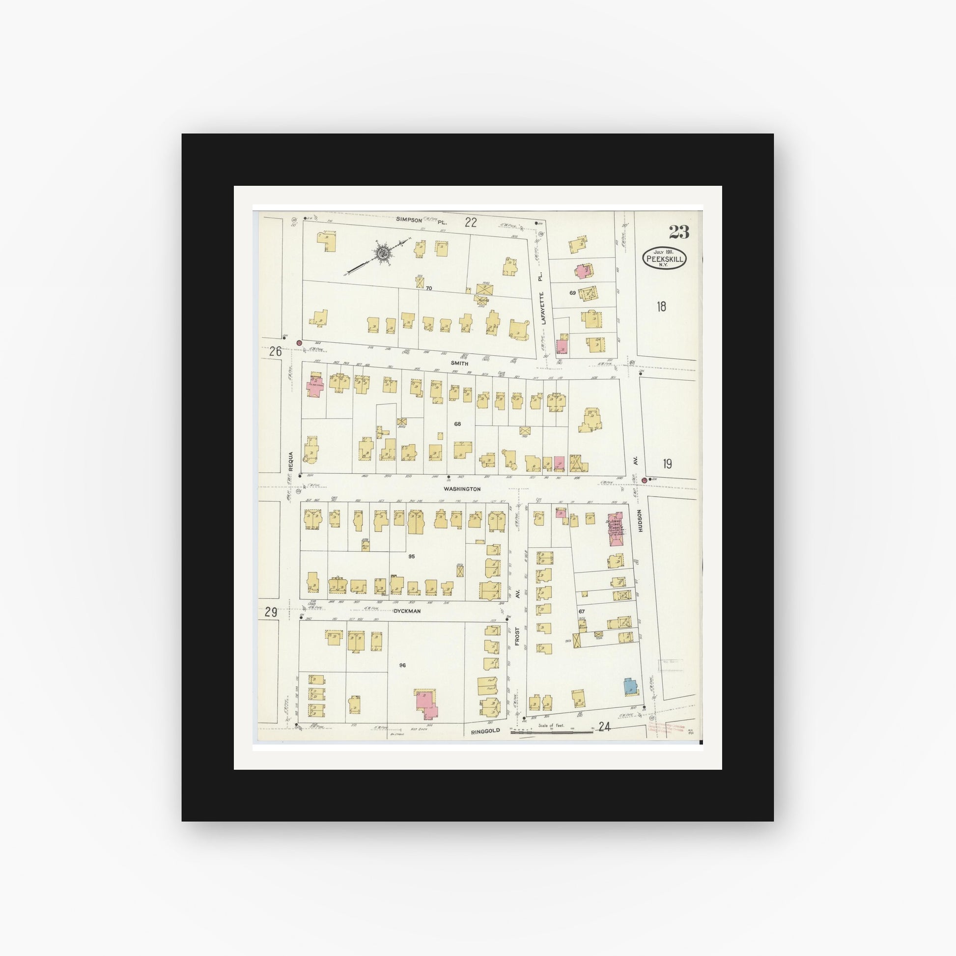 Old map wall art mockup — black gallery frame with white mat — Sanborn Fire Insurance Map from Peekskill, Westchester County, New York (1911), Sheet #0023
