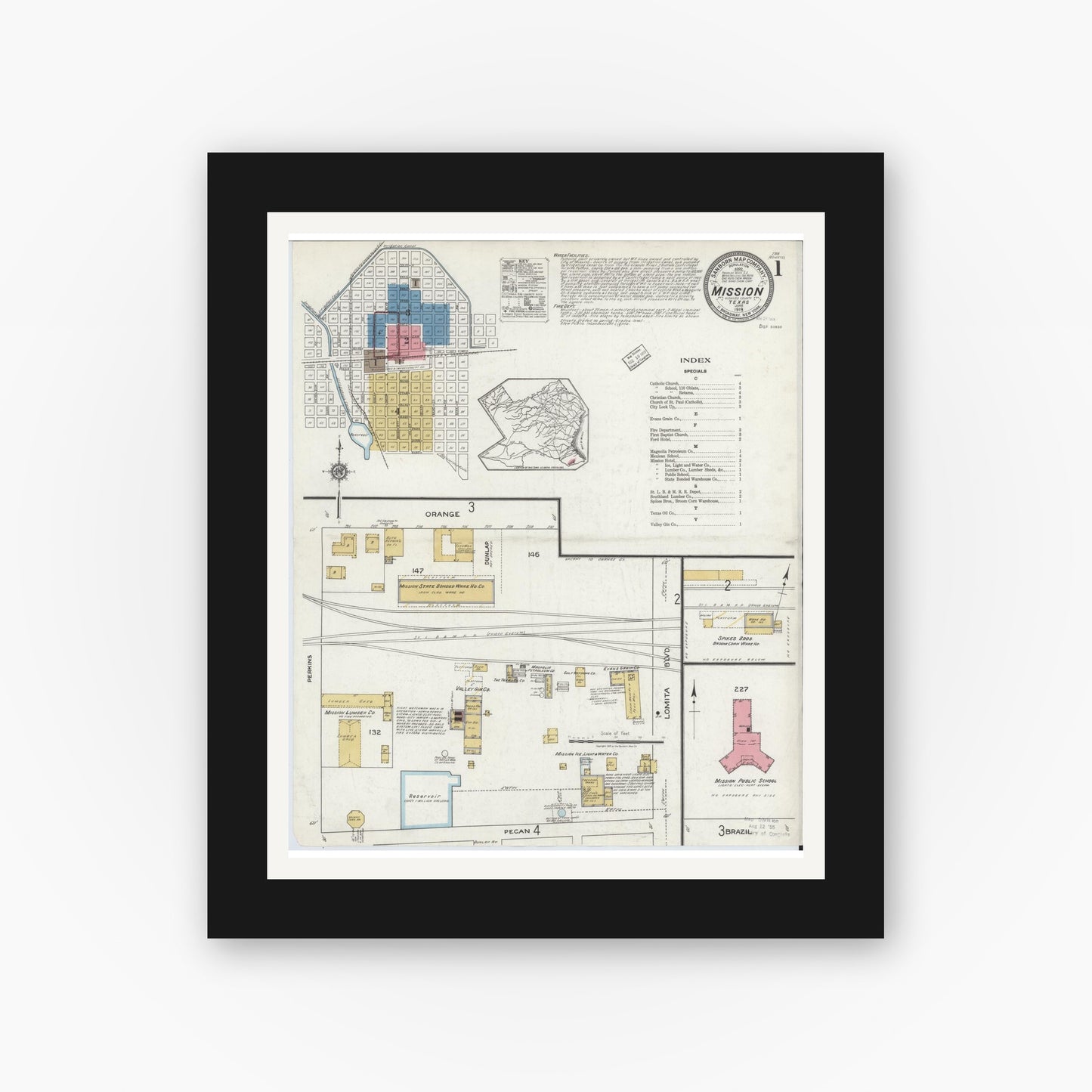 Old map wall art mockup — black gallery frame with white mat — Sanborn Fire Insurance Map from Mission, Hidalgo County, Texas (1919), Sheet #0001