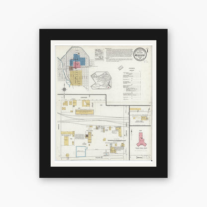 Old map wall art mockup — black gallery frame with white mat — Sanborn Fire Insurance Map from Mission, Hidalgo County, Texas (1919), Sheet #0001