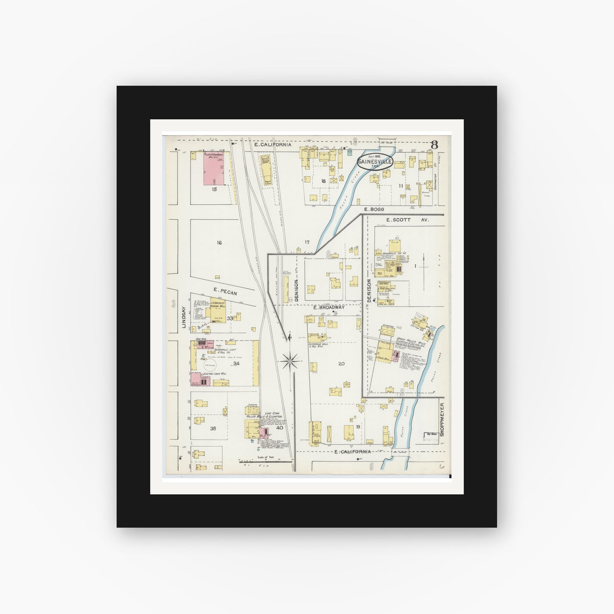 Old map wall art mockup — black gallery frame with white mat — Sanborn Fire Insurance Map from Gainesville, Cooke County, Texas (1892), Sheet #0008