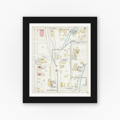 Old map wall art mockup — black gallery frame with white mat — Sanborn Fire Insurance Map from Gainesville, Cooke County, Texas (1892), Sheet #0008