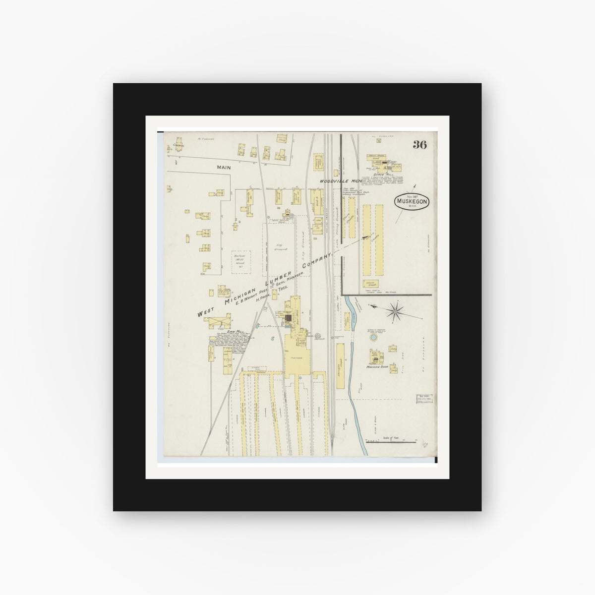 Old map wall art mockup — black gallery frame with white mat — Sanborn Fire Insurance Map from Muskegon, Muskegon County, Michigan (1887), Sheet #0036