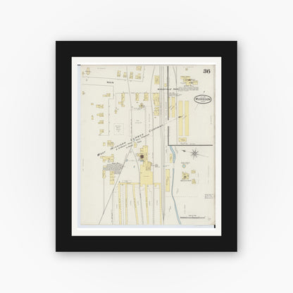 Old map wall art mockup — black gallery frame with white mat — Sanborn Fire Insurance Map from Muskegon, Muskegon County, Michigan (1887), Sheet #0036