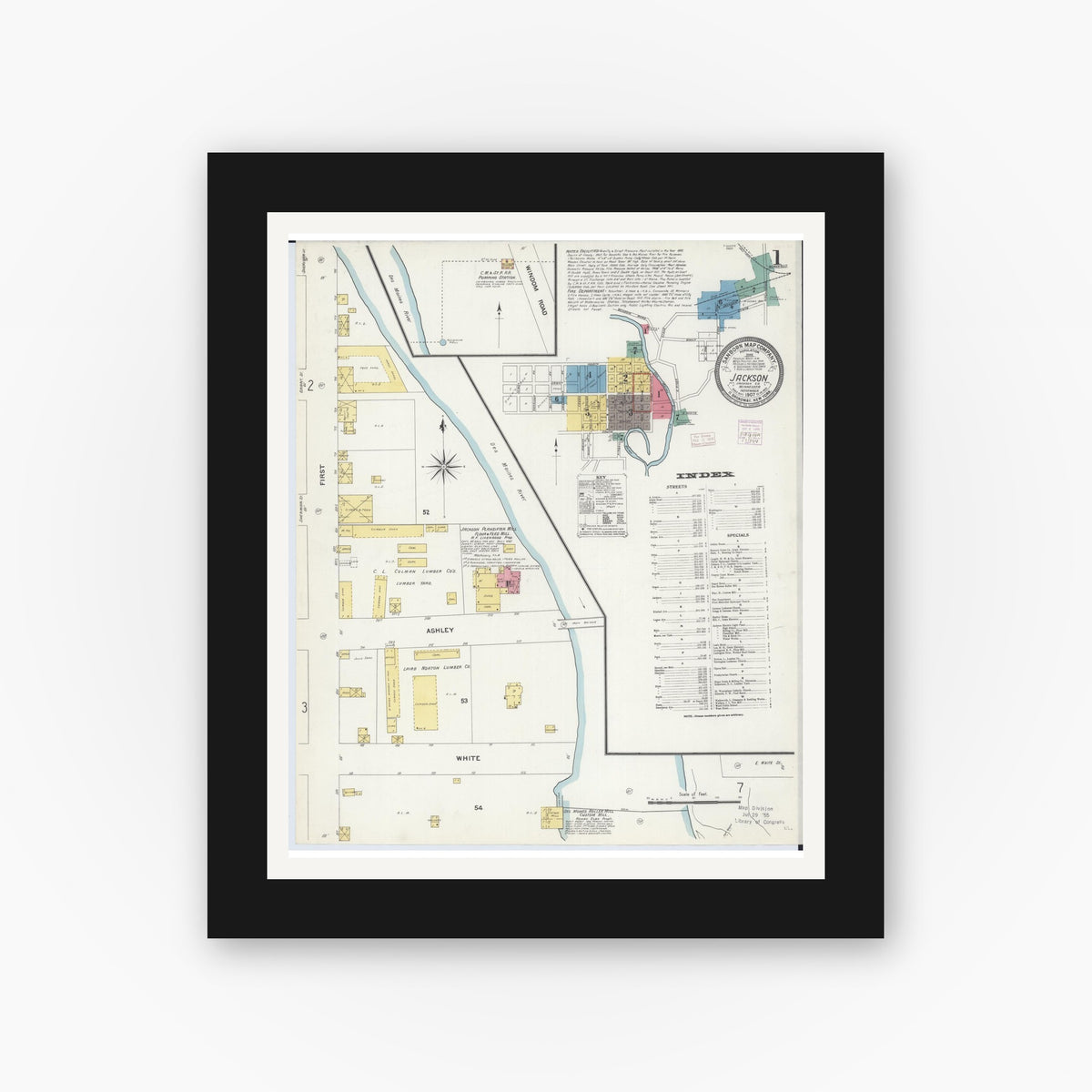 Old map wall art mockup — black gallery frame with white mat — Sanborn Fire Insurance Map from Jackson, Jackson County, Minnesota (1907), Sheet #0001