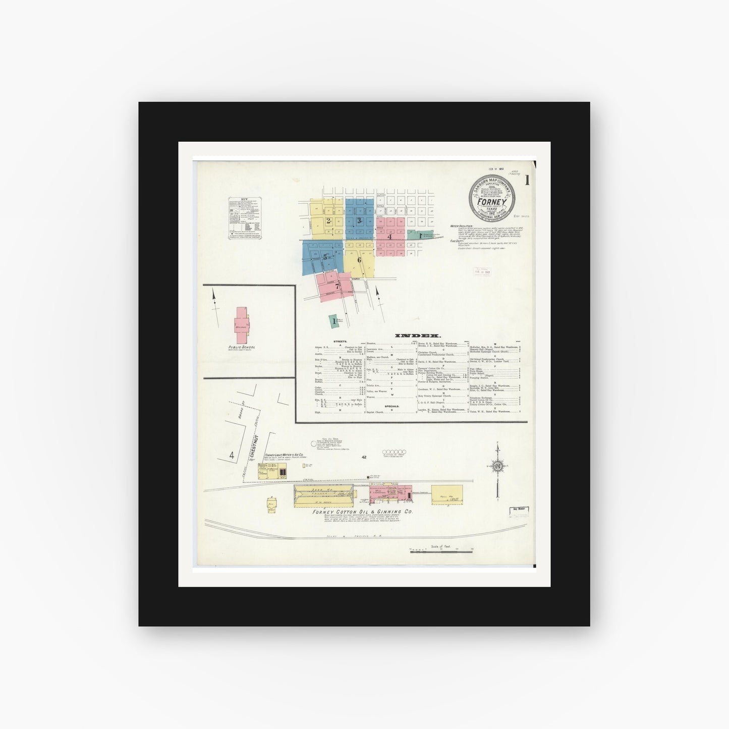 Old map wall art mockup — black gallery frame with white mat — Sanborn Fire Insurance Map from Forney, Kaufman County, Texas (1912), Sheet #0001