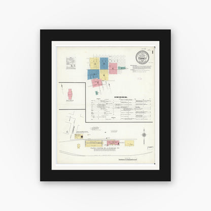 Old map wall art mockup — black gallery frame with white mat — Sanborn Fire Insurance Map from Forney, Kaufman County, Texas (1912), Sheet #0001