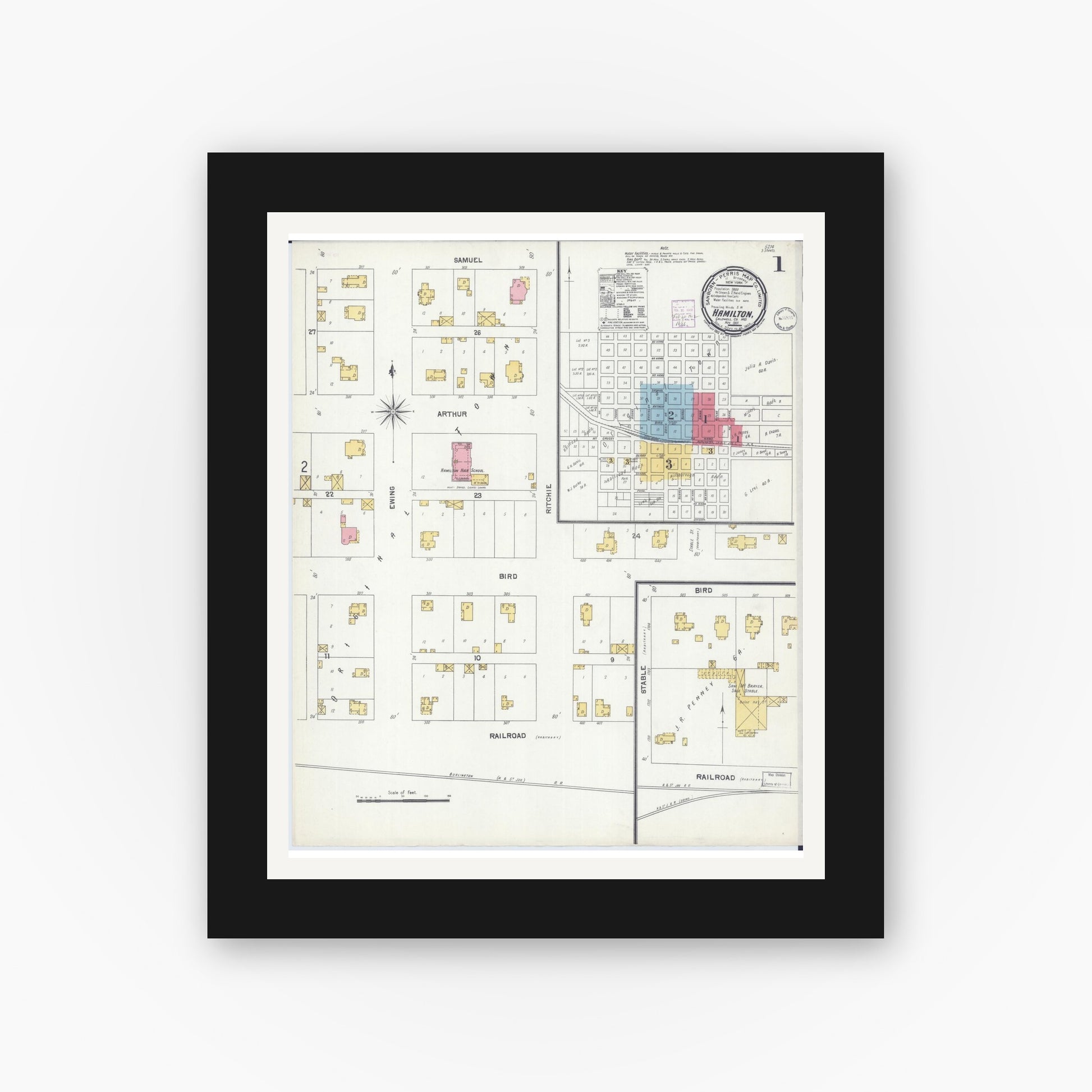 Old map wall art mockup — black gallery frame with white mat — Sanborn Fire Insurance Map from Hamilton, Caldwell County, Missouri (1901) - Complete Map Set