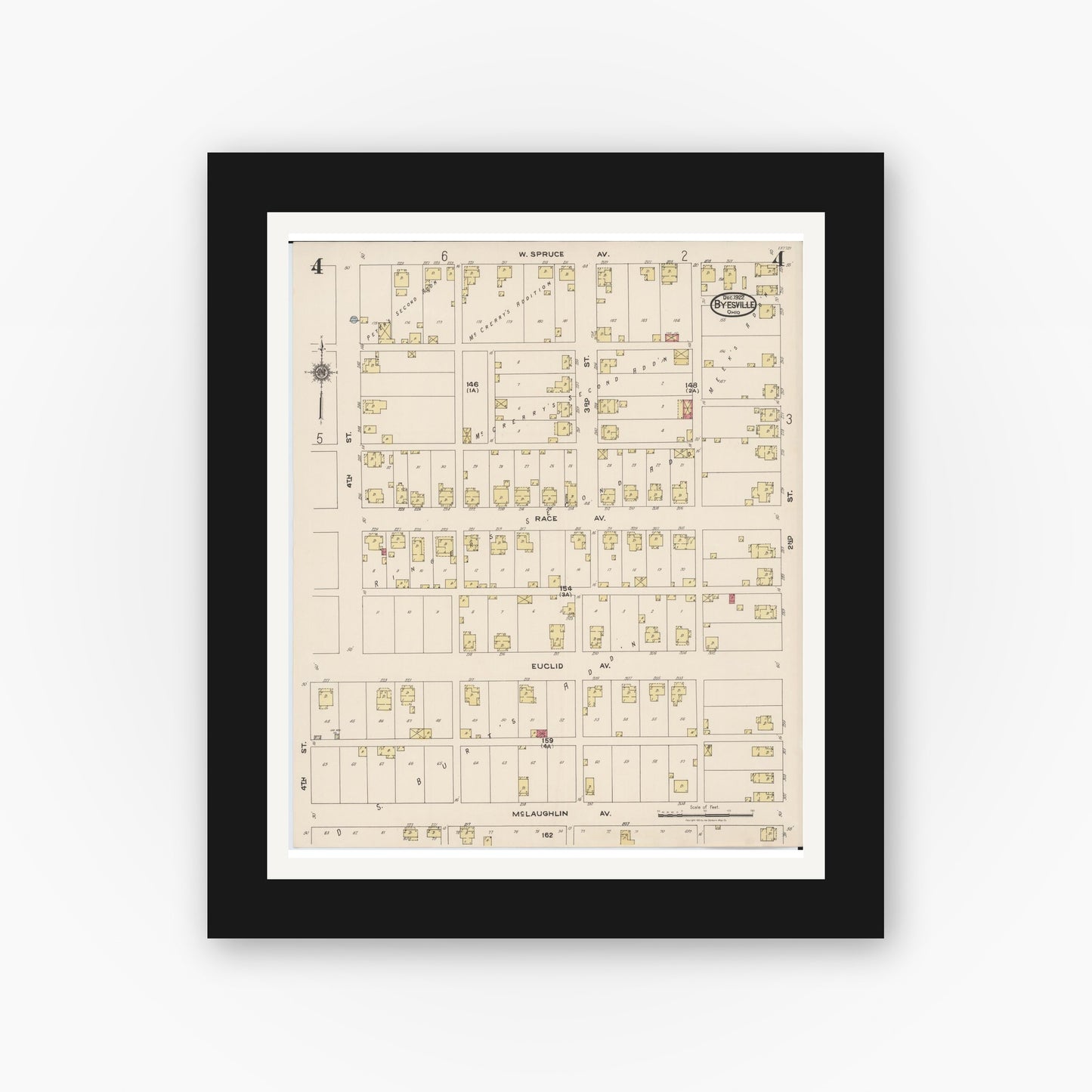 Old map wall art mockup — black gallery frame with white mat — Sanborn Fire Insurance Map from Byesville, Guernsey County, Ohio (1922), Sheet #0004
