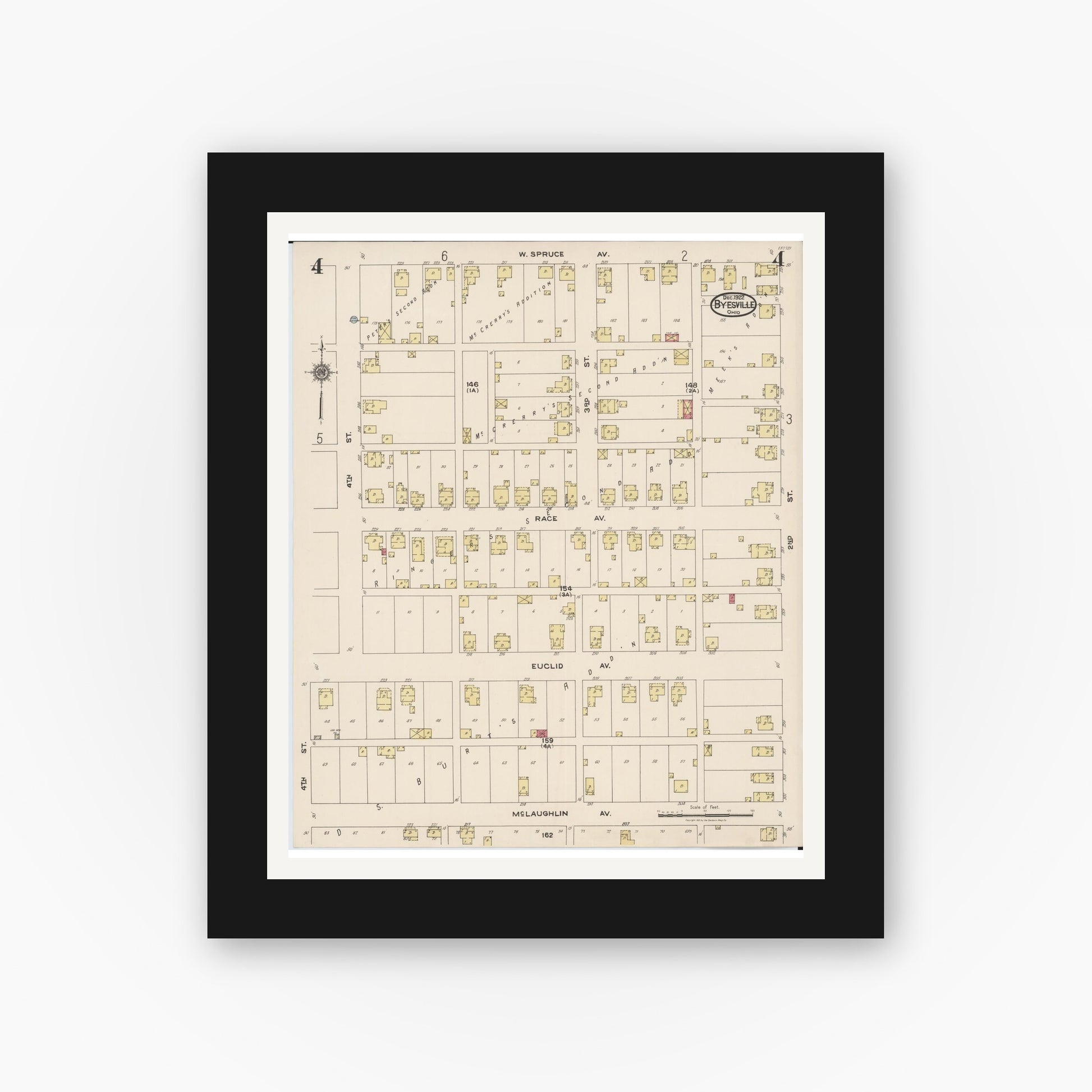 Old map wall art mockup — black gallery frame with white mat — Sanborn Fire Insurance Map from Byesville, Guernsey County, Ohio (1922), Sheet #0004