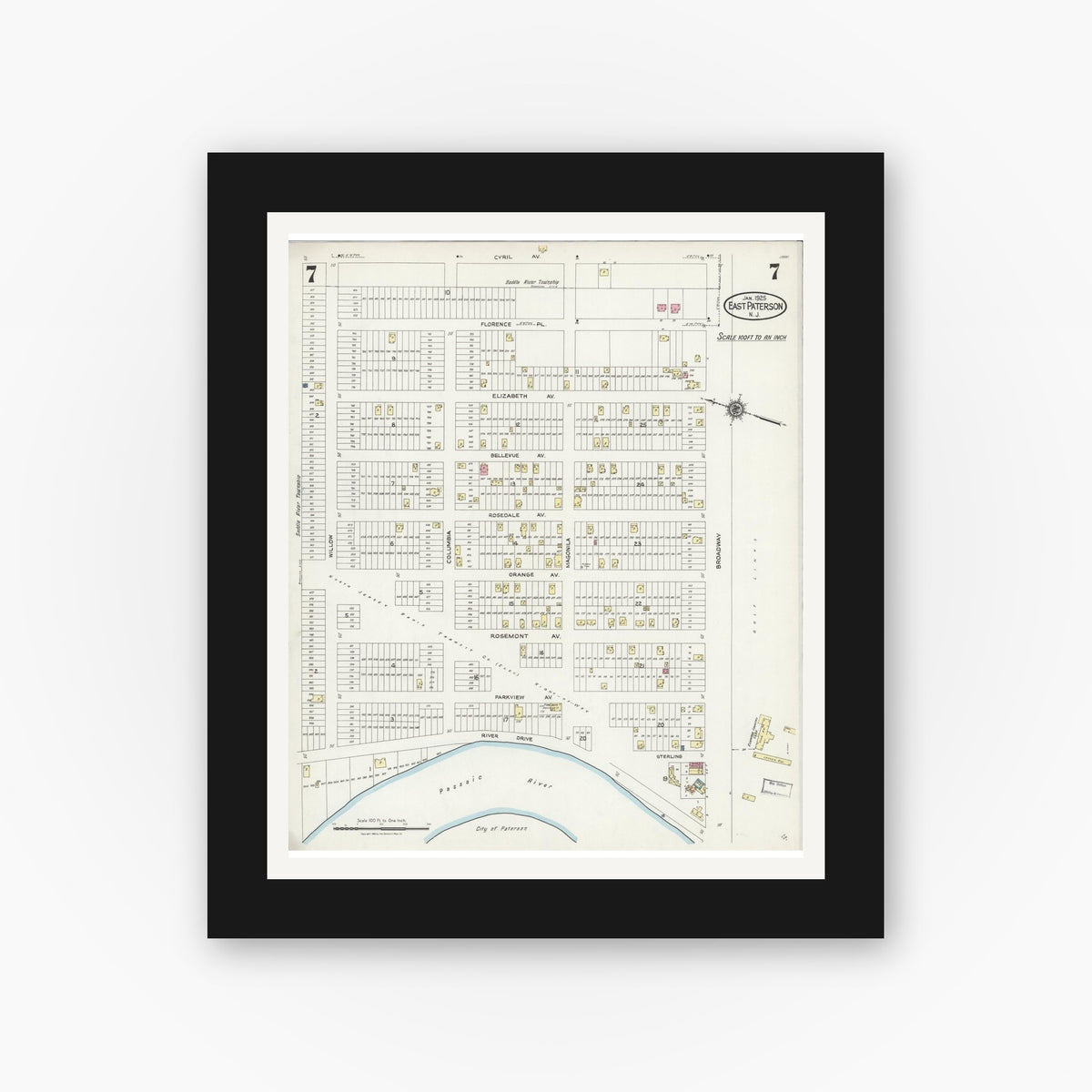 Old map wall art mockup — black gallery frame with white mat — Sanborn Fire Insurance Map from East Paterson, Bergen County, New Jersey (1925), Sheet #0007