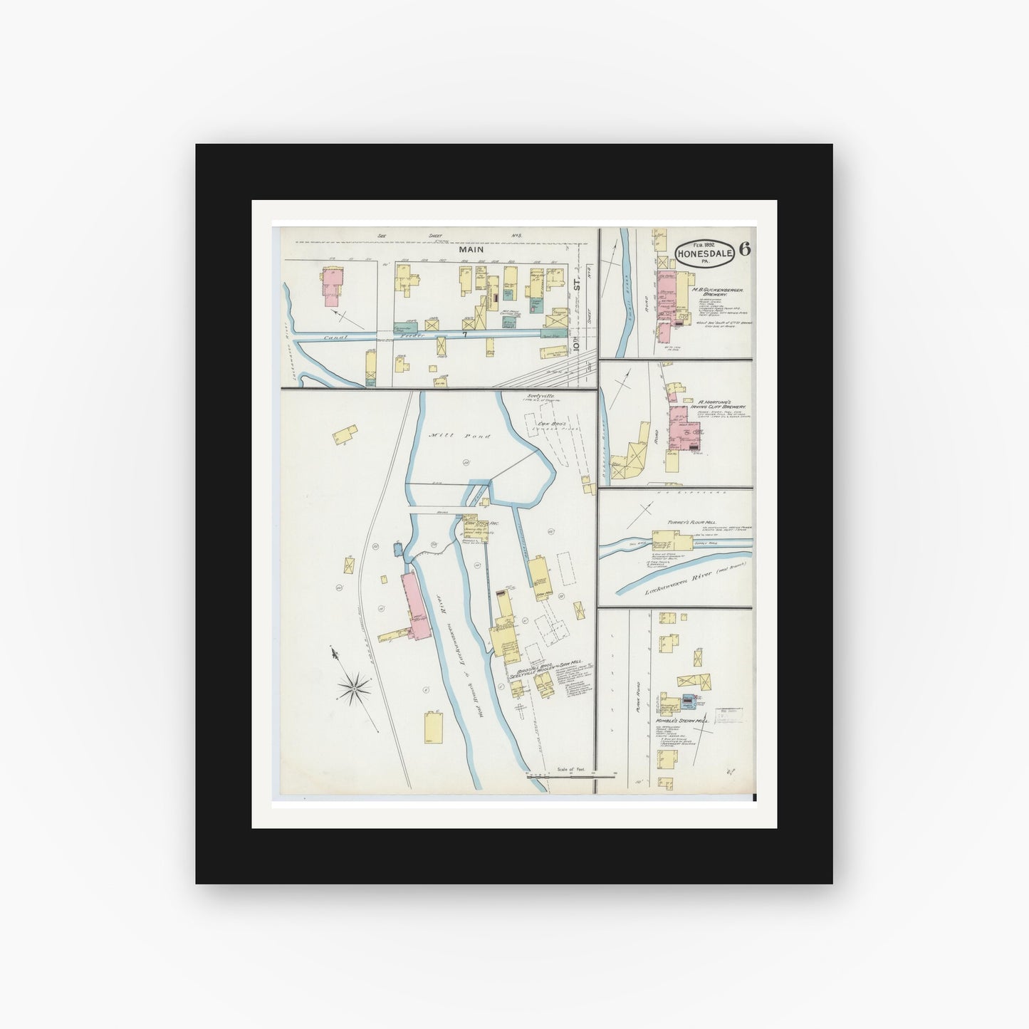 Old map wall art mockup — black gallery frame with white mat — Sanborn Fire Insurance Map from Honesdale, Wayne County, Pennsylvania (1892), Sheet #0006