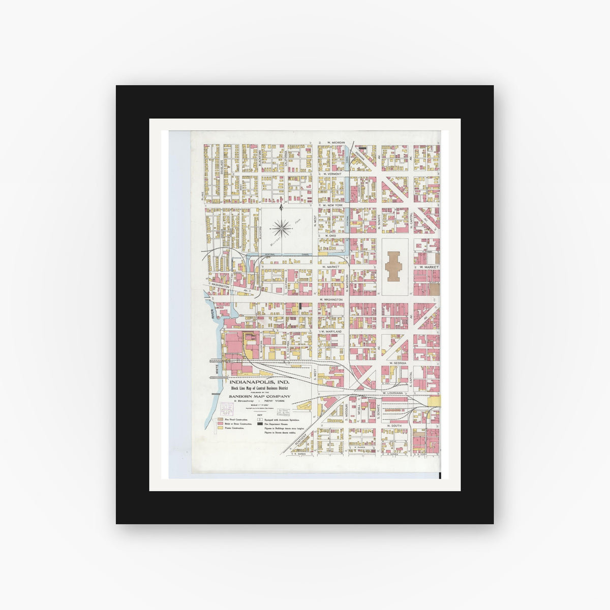Old map wall art mockup — black gallery frame with white mat — Sanborn Fire Insurance Map from Indianapolis, Marion County, Indiana (1904), Sheet #0001