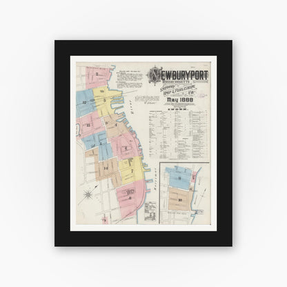 Old map wall art mockup — black gallery frame with white mat — Sanborn Fire Insurance Map from Newburyport, Essex County, Massachusetts (1888), Sheet #0001