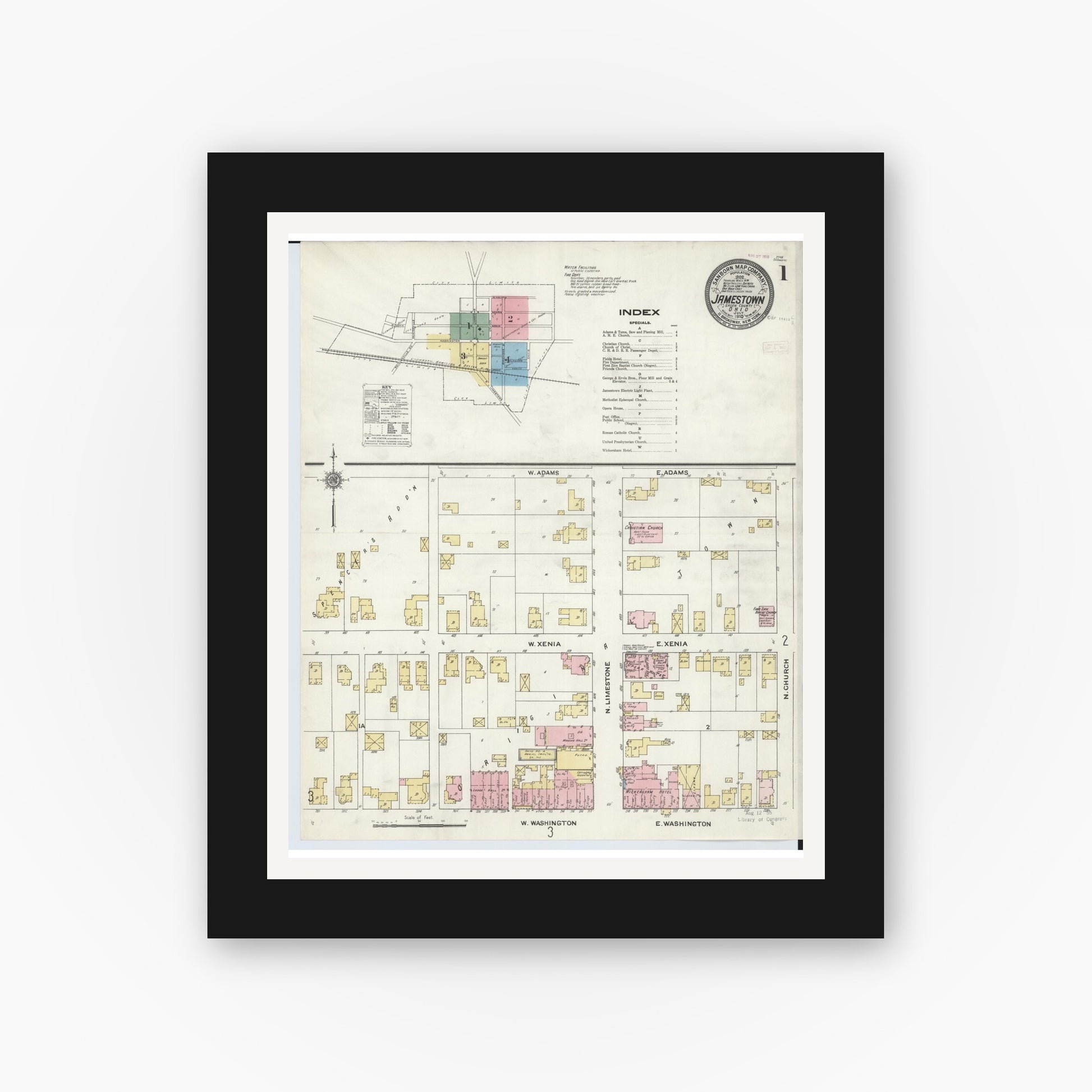 Old map wall art mockup — black gallery frame with white mat — Sanborn Fire Insurance Map from Jamestown, Greene County, Ohio (1910) - Complete Map Set