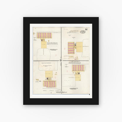 Old map wall art mockup — black gallery frame with white mat — Sanborn Fire Insurance Map from Ferris, Ellis County, Texas (1941), Sheet #0014