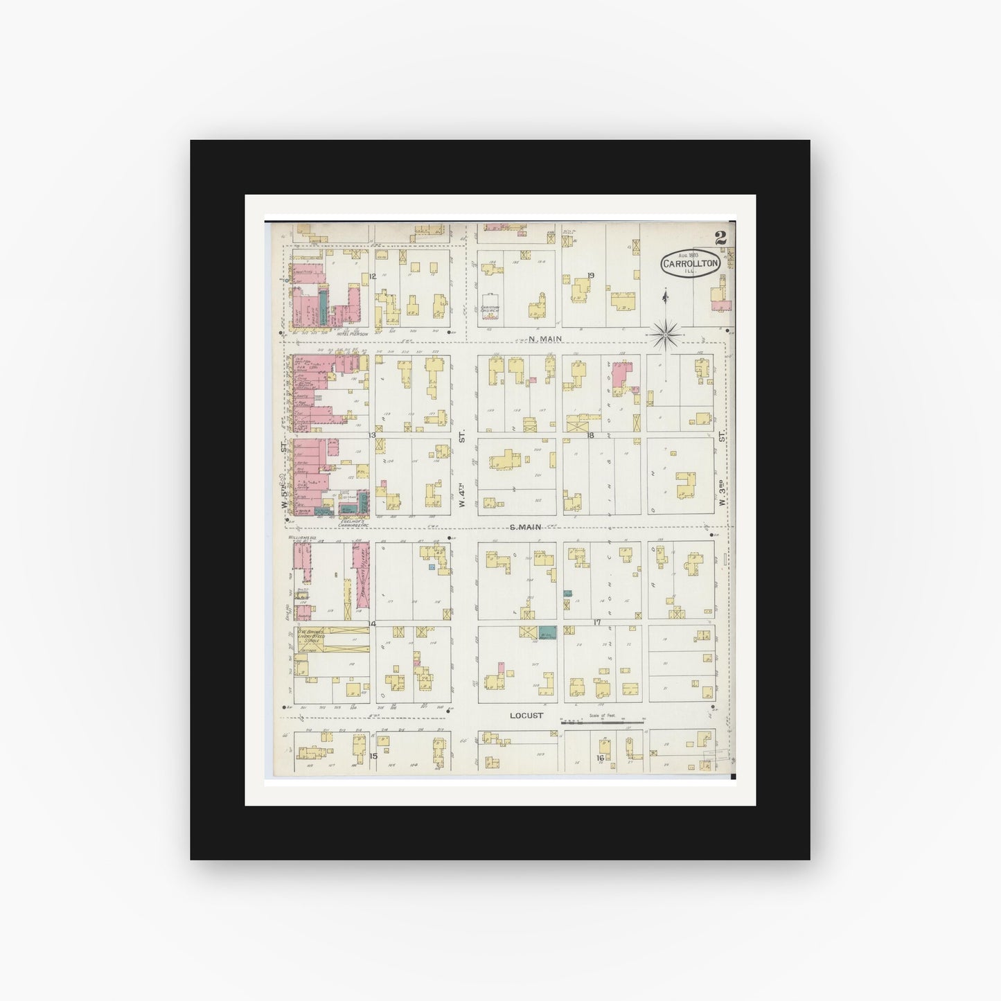 Old map wall art mockup — black gallery frame with white mat — Sanborn Fire Insurance Map from Carrollton, Greene County, Illinois (1893), Sheet #0002
