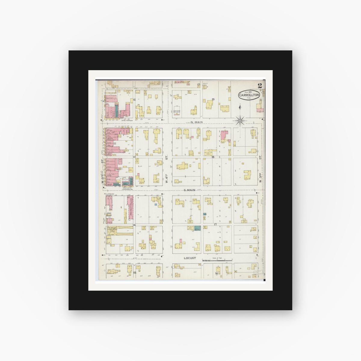 Old map wall art mockup — black gallery frame with white mat — Sanborn Fire Insurance Map from Carrollton, Greene County, Illinois (1893), Sheet #0002