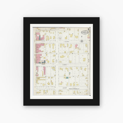 Old map wall art mockup — black gallery frame with white mat — Sanborn Fire Insurance Map from Carrollton, Greene County, Illinois (1893), Sheet #0002