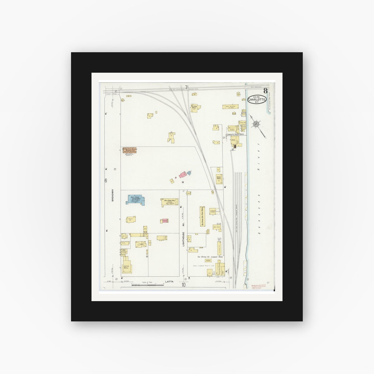 Old map wall art mockup — black gallery frame with white mat — Sanborn Fire Insurance Map from Charlotte, Monroe County, New York (1912), Sheet #0008