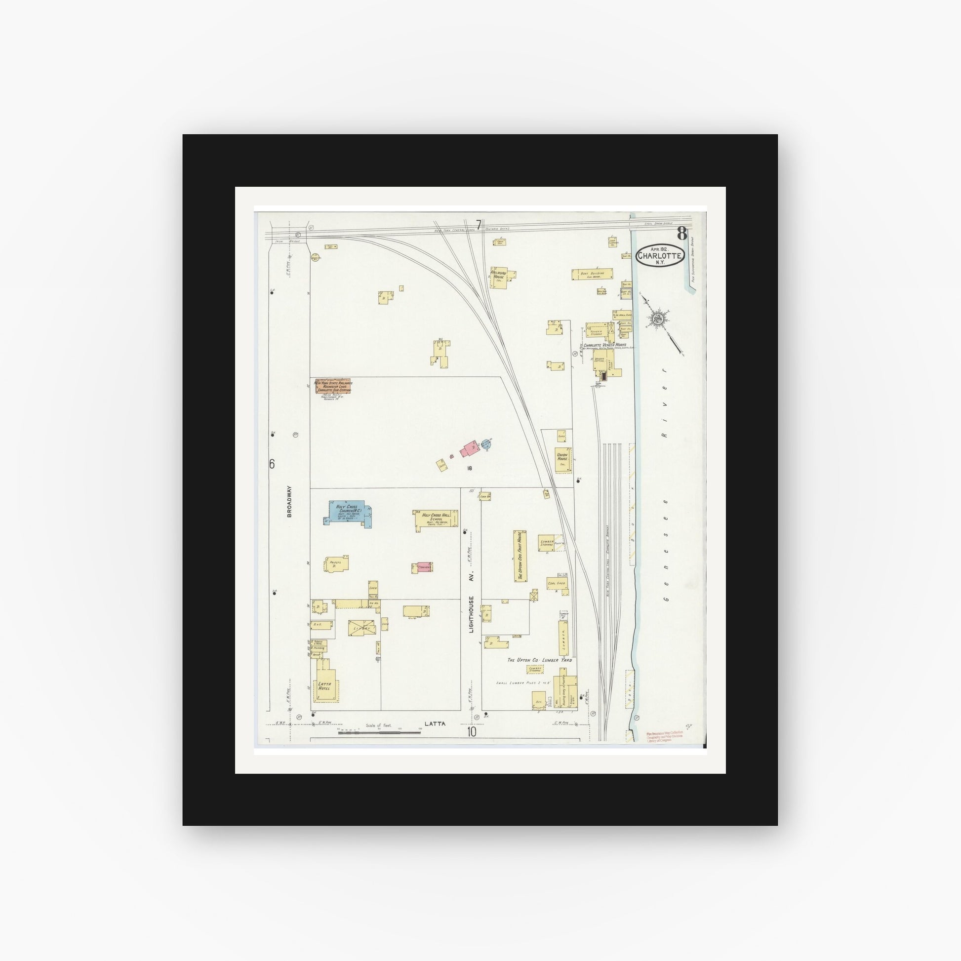 Old map wall art mockup — black gallery frame with white mat — Sanborn Fire Insurance Map from Charlotte, Monroe County, New York (1912), Sheet #0008