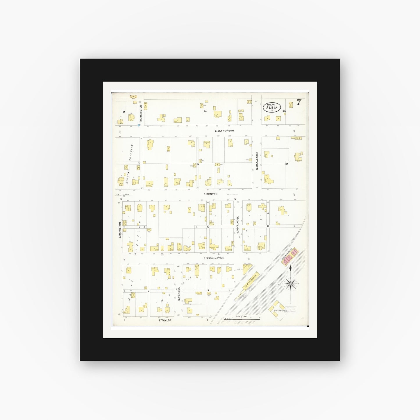 Old map wall art mockup — black gallery frame with white mat — Sanborn Fire Insurance Map from Albia, Monroe County, Iowa (1907), Sheet #0007