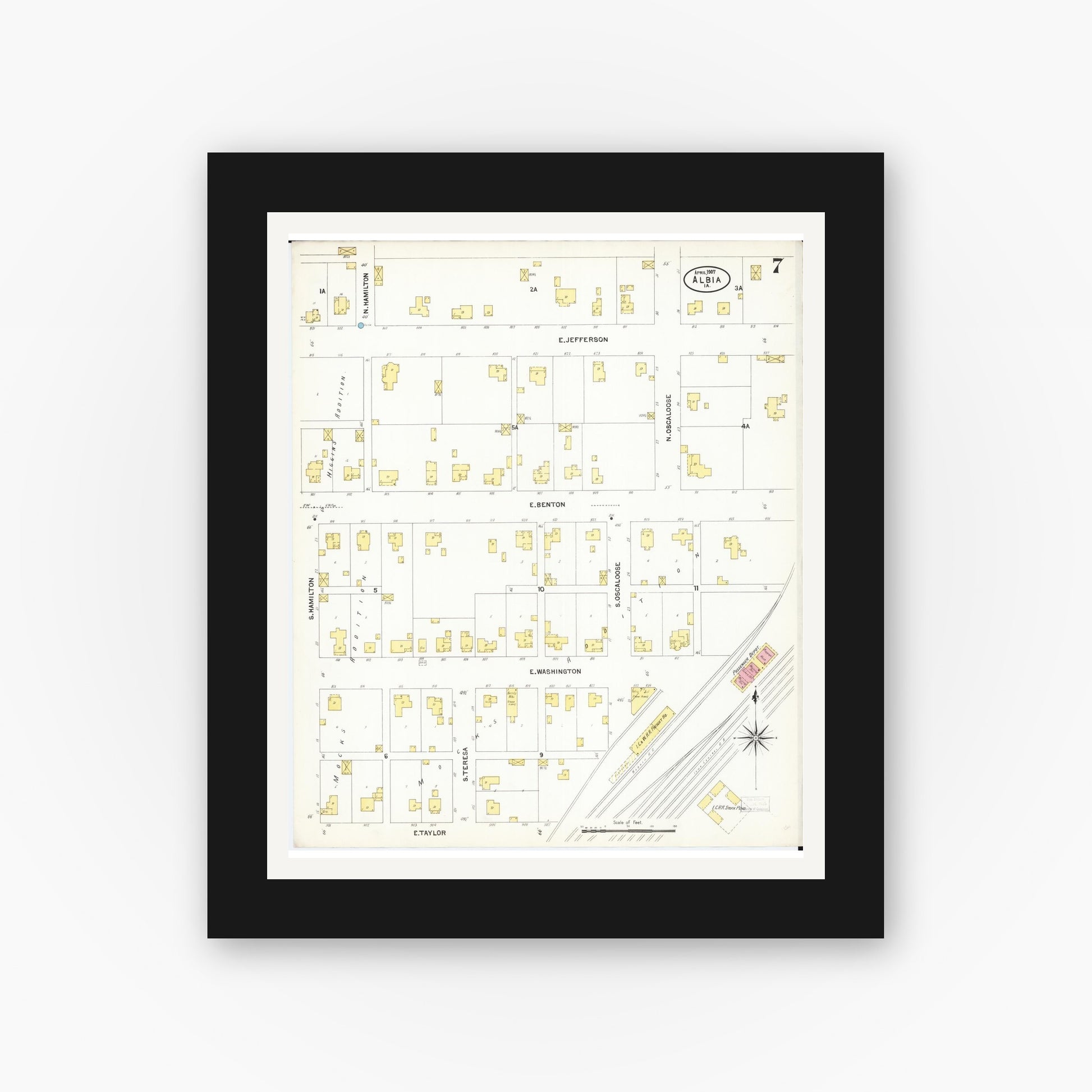 Old map wall art mockup — black gallery frame with white mat — Sanborn Fire Insurance Map from Albia, Monroe County, Iowa (1907), Sheet #0007