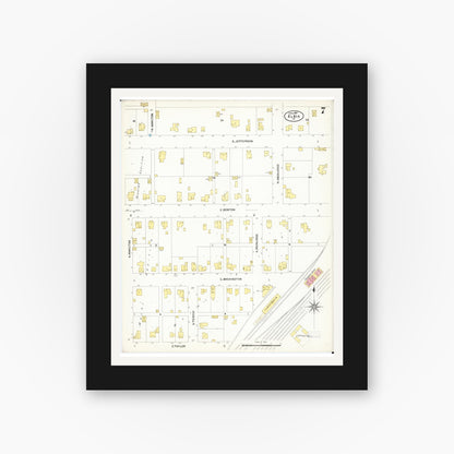Old map wall art mockup — black gallery frame with white mat — Sanborn Fire Insurance Map from Albia, Monroe County, Iowa (1907), Sheet #0007