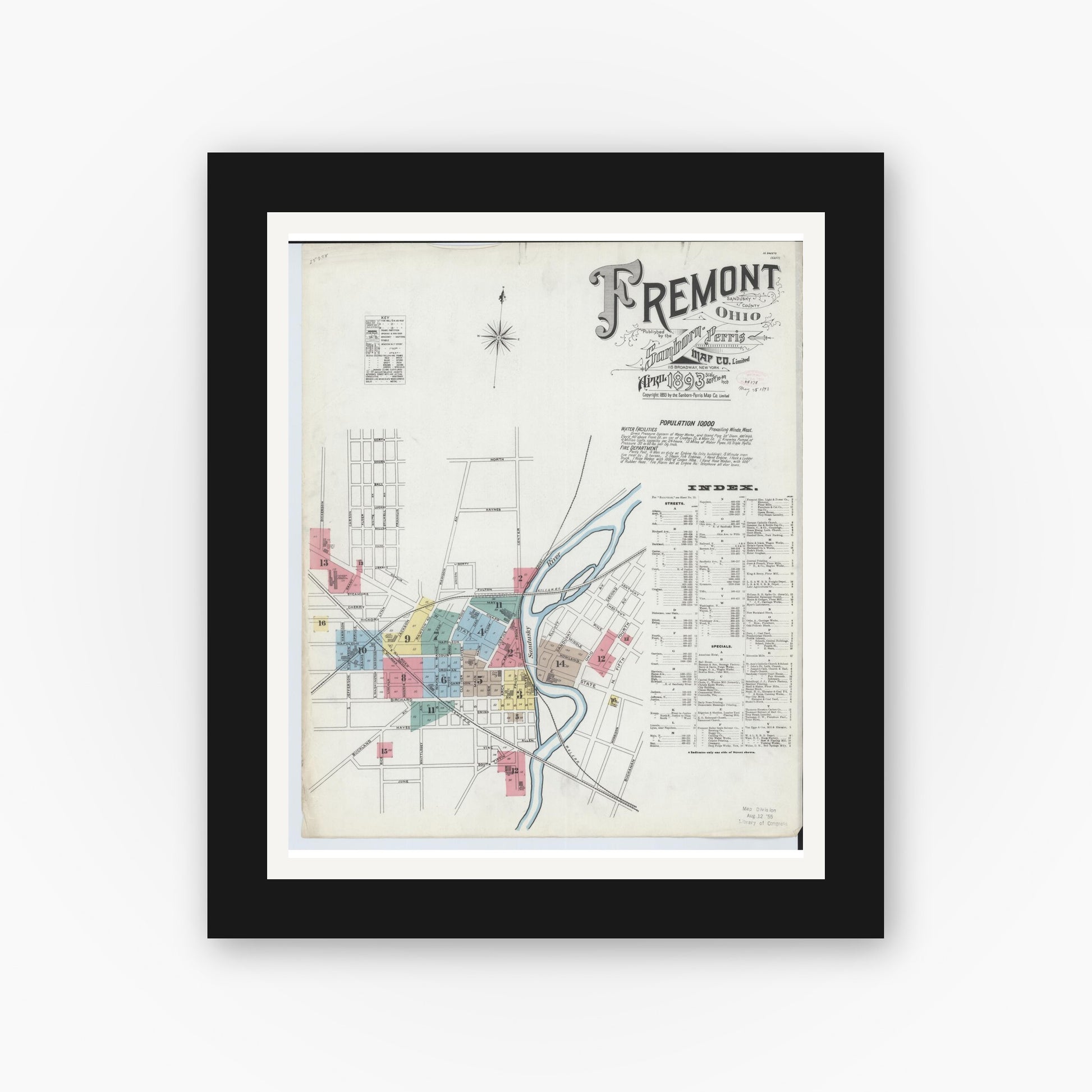 Old map wall art mockup — black gallery frame with white mat — Sanborn Fire Insurance Map from Fremont, Sandusky County, Ohio (1893), Sheet #0001