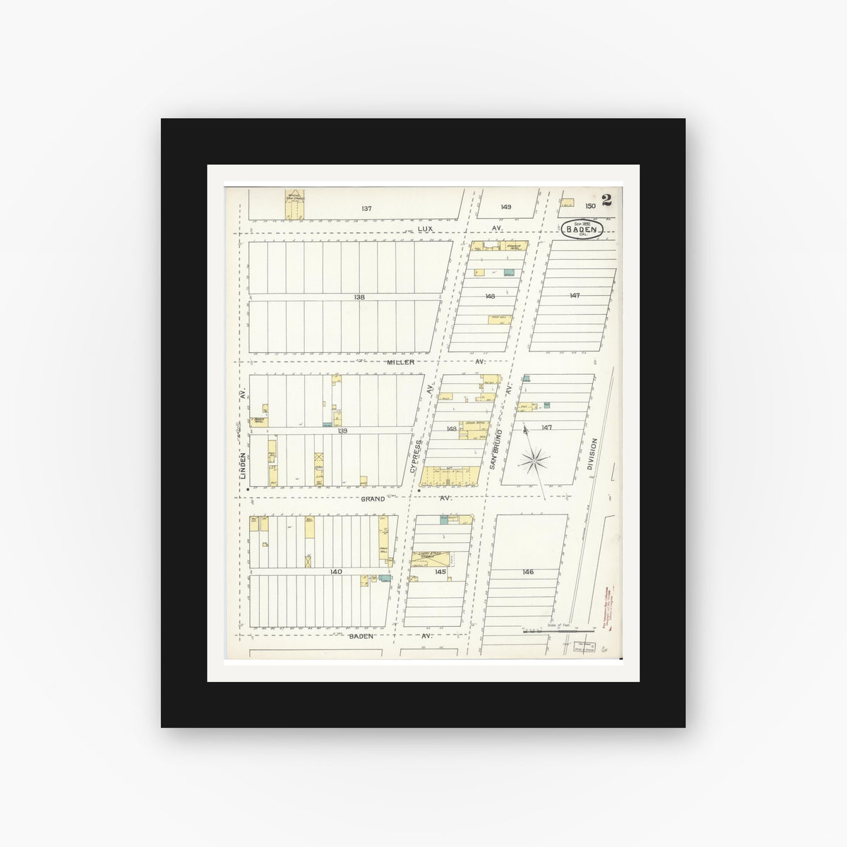 Old map wall art mockup — black gallery frame with white mat — Sanborn Fire Insurance Map from Baden, San Mateo County, California (1892), Sheet #0002