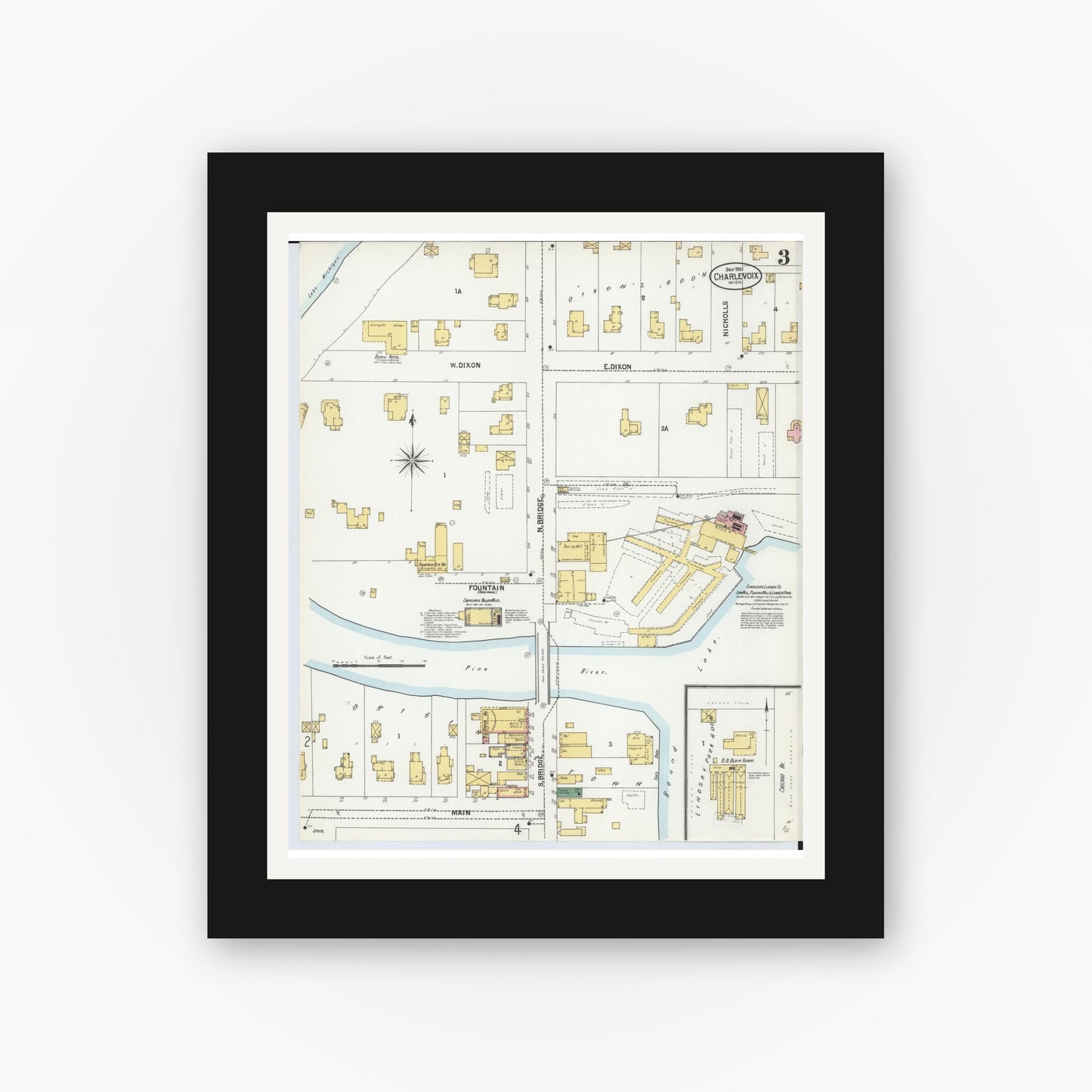 Old map wall art mockup — black gallery frame with white mat — Sanborn Fire Insurance Map from Charlevoix, Charlevoix County, Michigan (1901), Sheet #0003