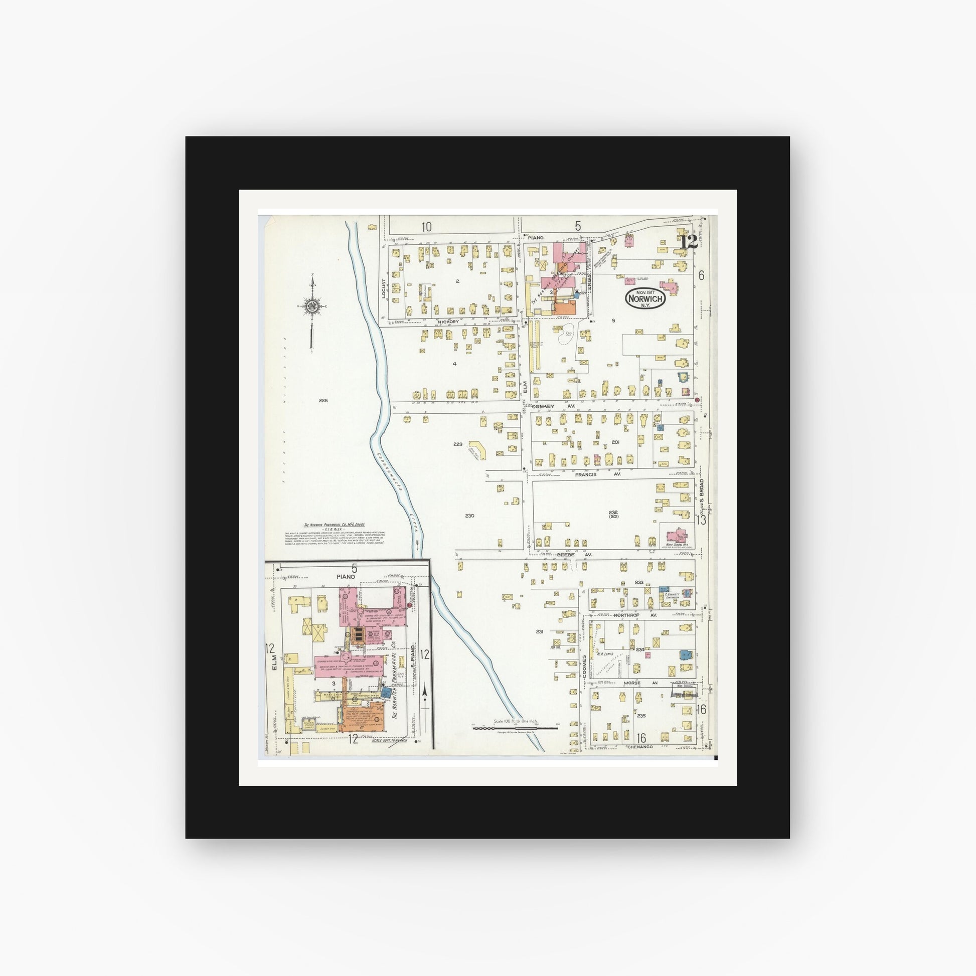 Old map wall art mockup — black gallery frame with white mat — Sanborn Fire Insurance Map from Norwich, Chenango County, New York (1917), Sheet #0012