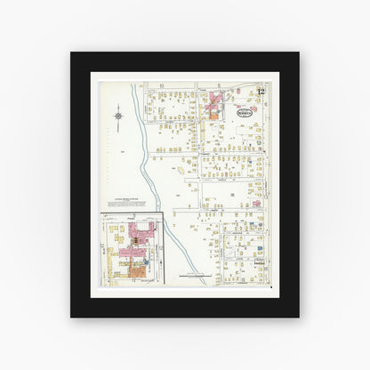 Old map wall art mockup — black gallery frame with white mat — Sanborn Fire Insurance Map from Norwich, Chenango County, New York (1917), Sheet #0012
