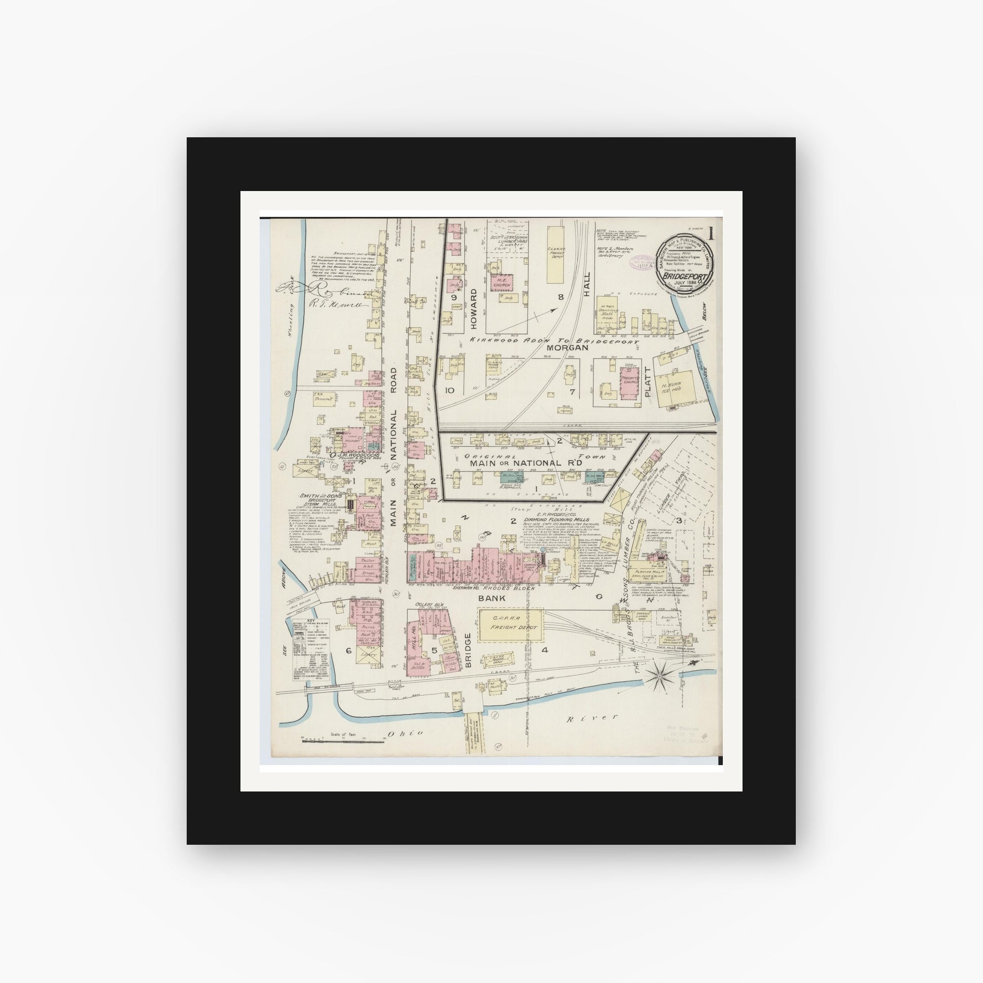 Old map wall art mockup — black gallery frame with white mat — Sanborn Fire Insurance Map from Bridgeport, Belmont County, Ohio (1886) - Complete Map Set