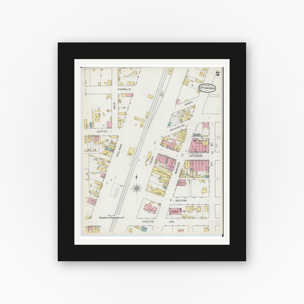 Old map wall art mockup — black gallery frame with white mat — Sanborn Fire Insurance Map from Effingham, Effingham County, Illinois (1893), Sheet #0002