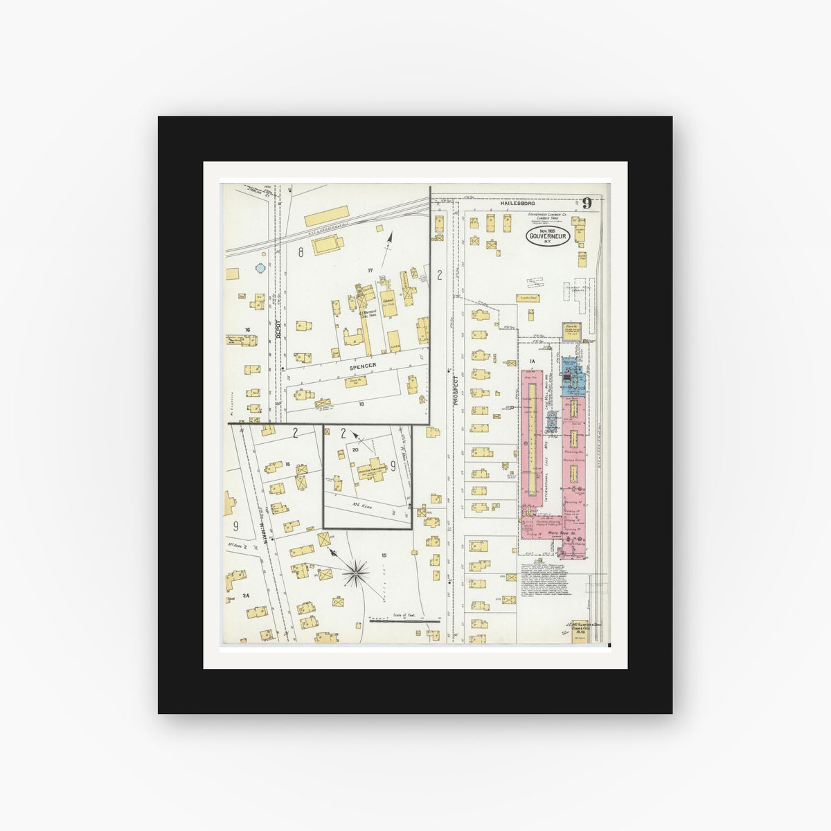 Old map wall art mockup — black gallery frame with white mat — Sanborn Fire Insurance Map from Gouverneur, Saint Lawrence County, New York (1905), Sheet #0009