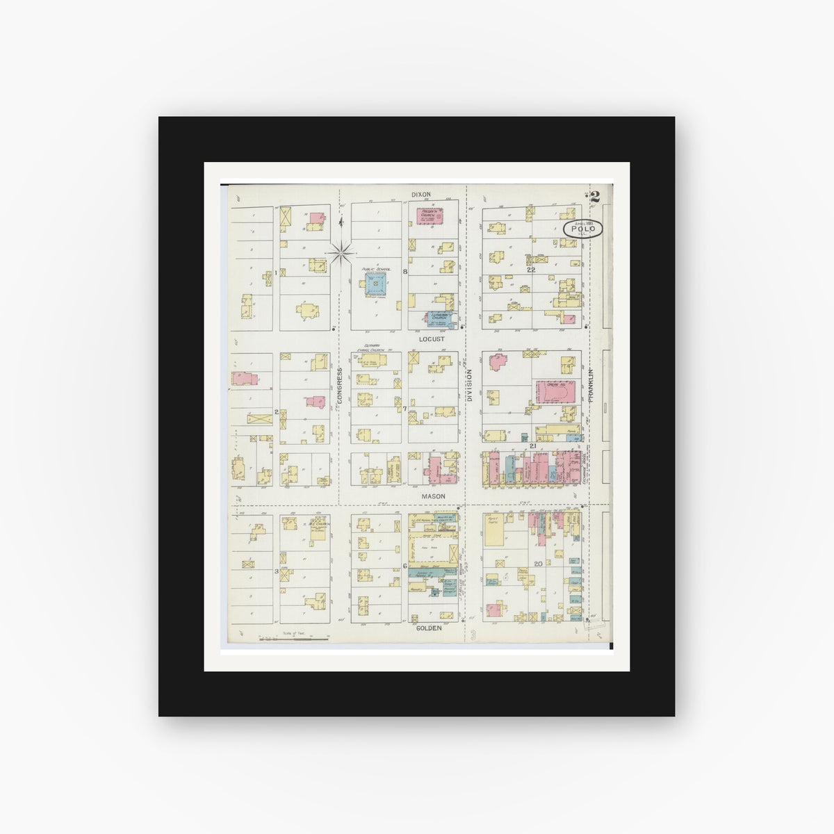 Old map wall art mockup — black gallery frame with white mat — Sanborn Fire Insurance Map from Polo, Ogle County, Illinois (1893), Sheet #0002