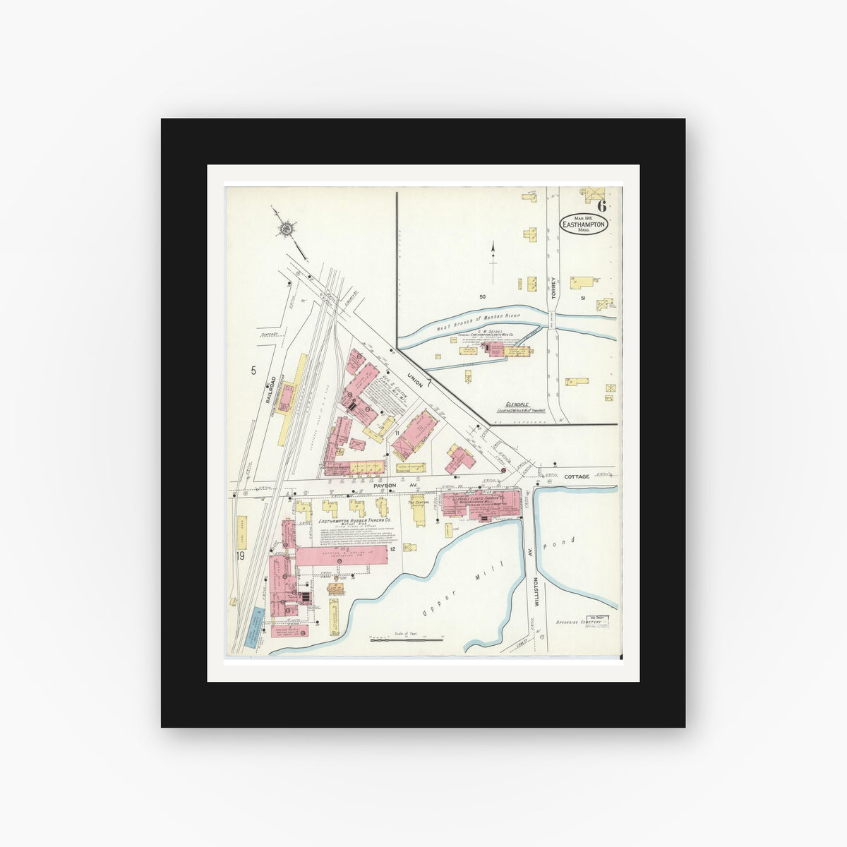 Old map wall art mockup — black gallery frame with white mat — Sanborn Fire Insurance Map from East Hampton, Hampshire County, Massachusetts (1916), Sheet #0006