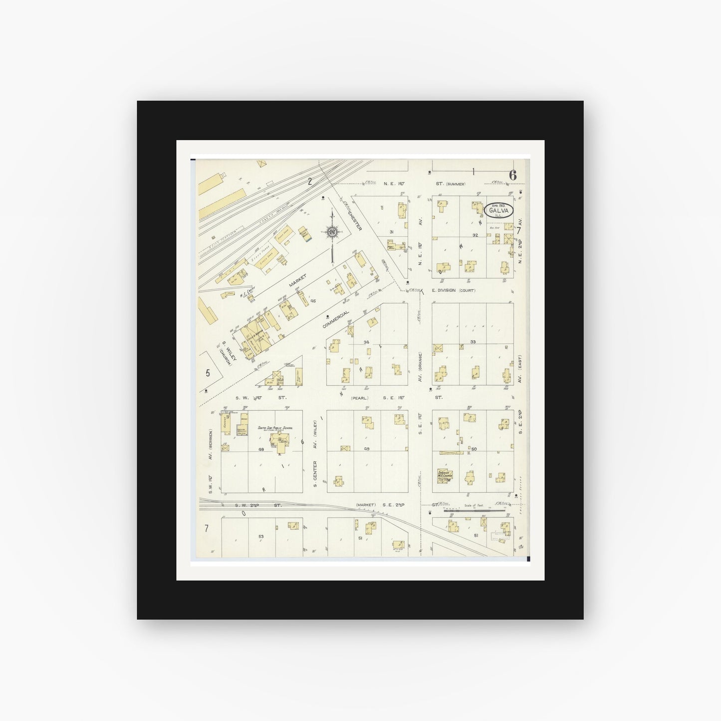 Old map wall art mockup — black gallery frame with white mat — Sanborn Fire Insurance Map from Galva, Henry County, Illinois (1913), Sheet #0006