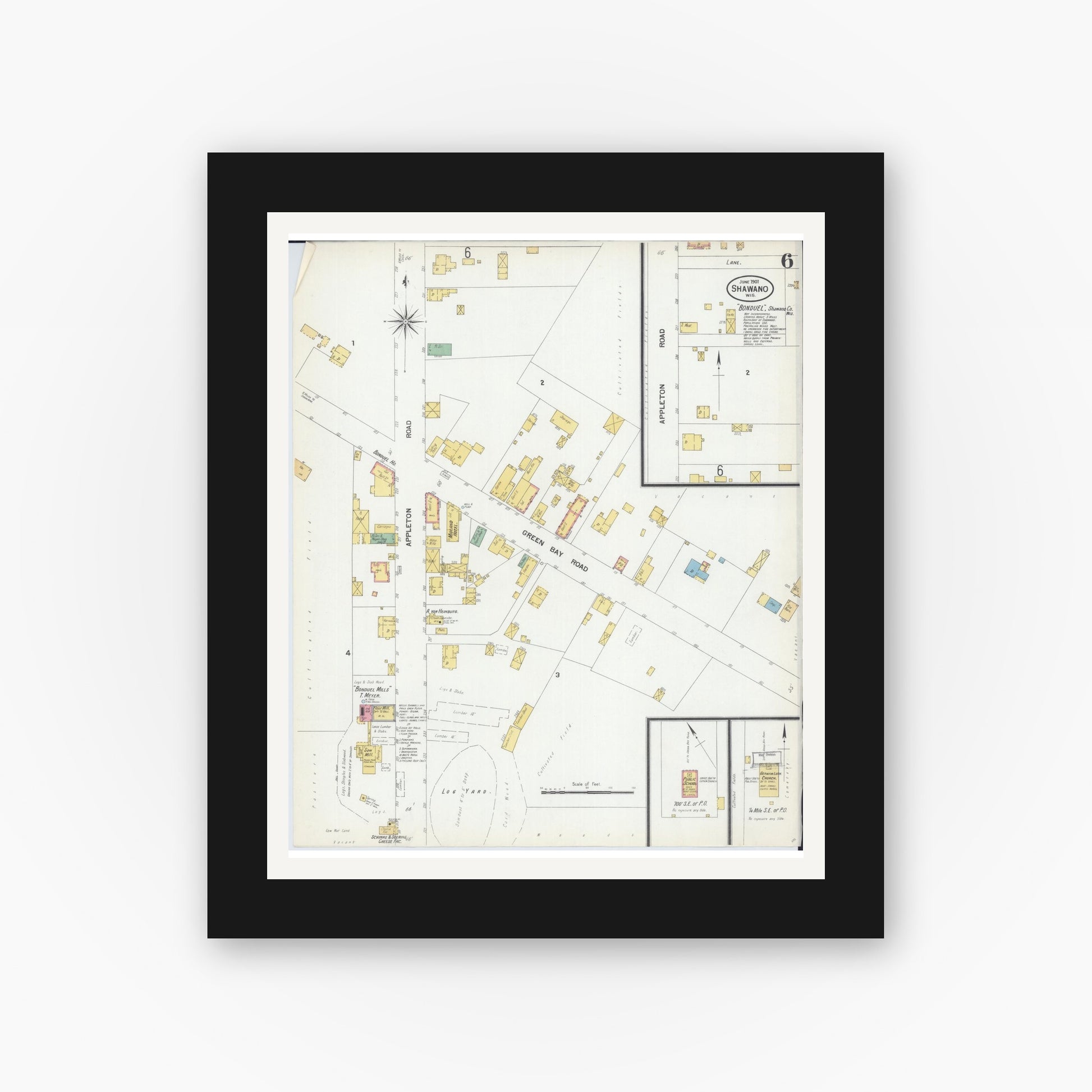 Old map wall art mockup — black gallery frame with white mat — Sanborn Fire Insurance Map from Shawano, Shawano County, Wisconsin (1901), Sheet #0006