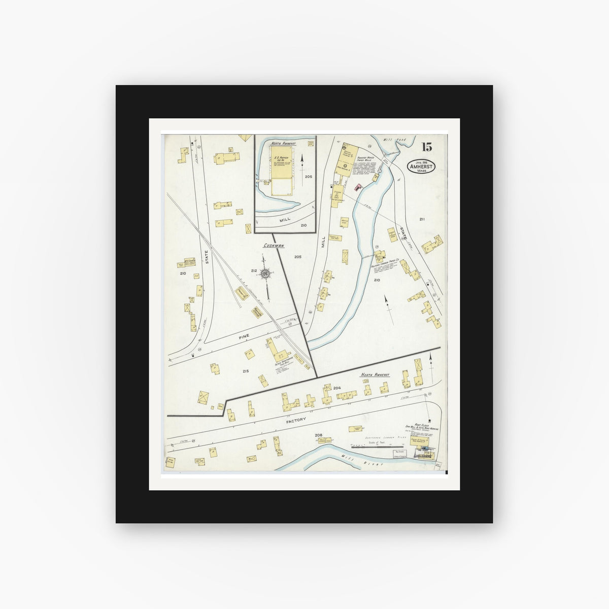 Old map wall art mockup — black gallery frame with white mat — Sanborn Fire Insurance Map from Amherst, Hampshire County, Massachusetts (1916), Sheet #0015