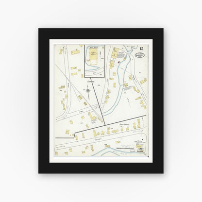 Old map wall art mockup — black gallery frame with white mat — Sanborn Fire Insurance Map from Amherst, Hampshire County, Massachusetts (1916), Sheet #0015