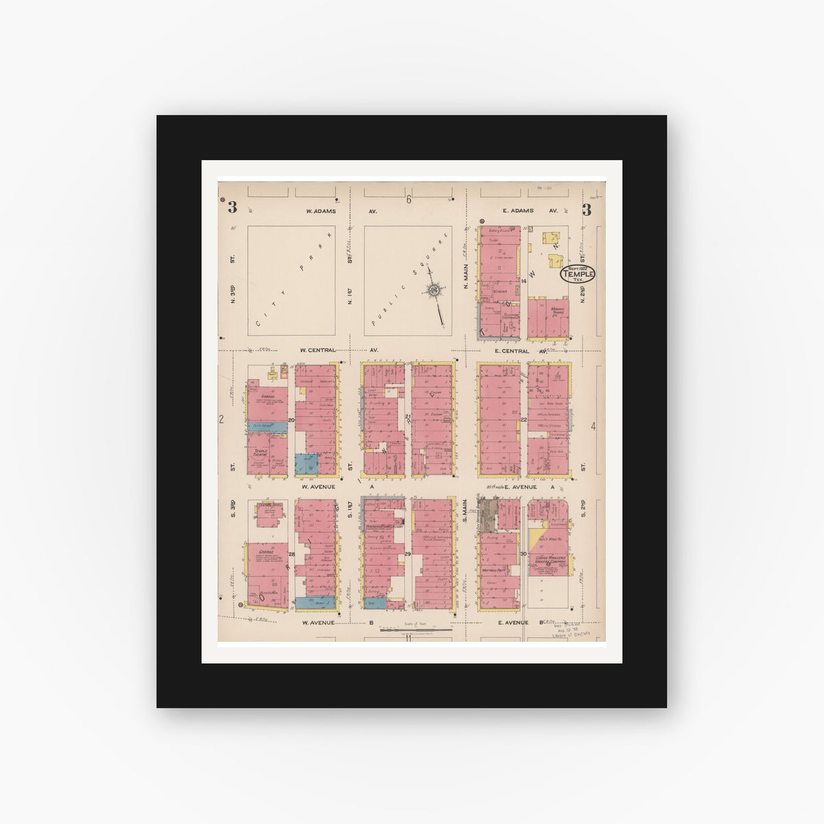 Old map wall art mockup — black gallery frame with white mat — Sanborn Fire Insurance Map from Temple, Bell County, Texas (1922), Sheet #0003
