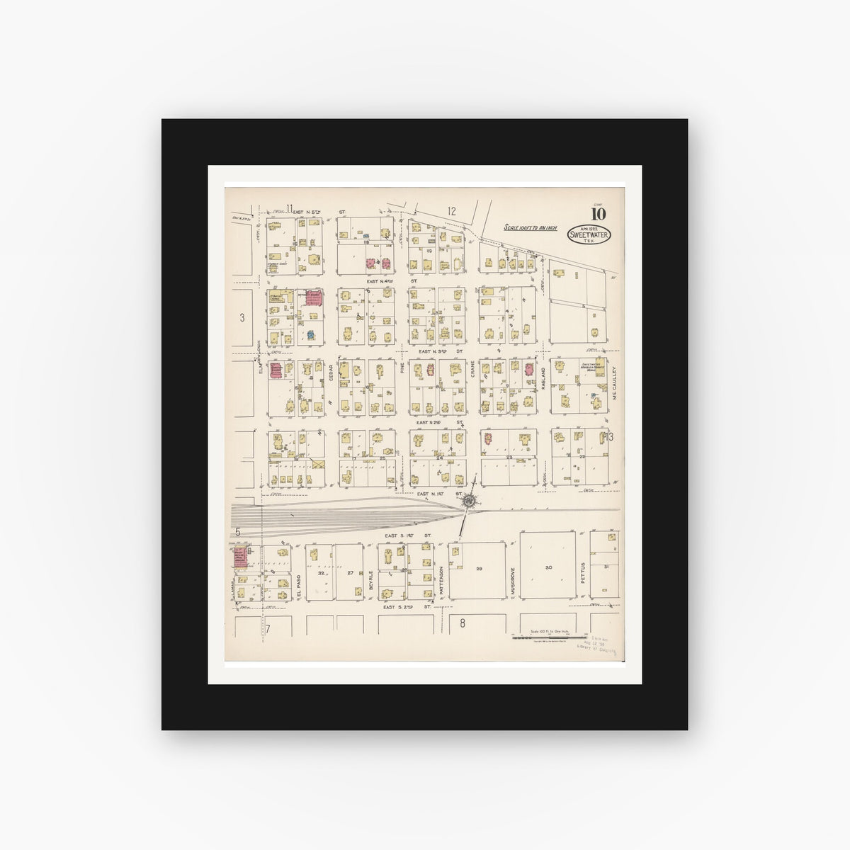Old map wall art mockup — black gallery frame with white mat — Sanborn Fire Insurance Map from Sweetwater, Nolan County, Texas (1922), Sheet #0010