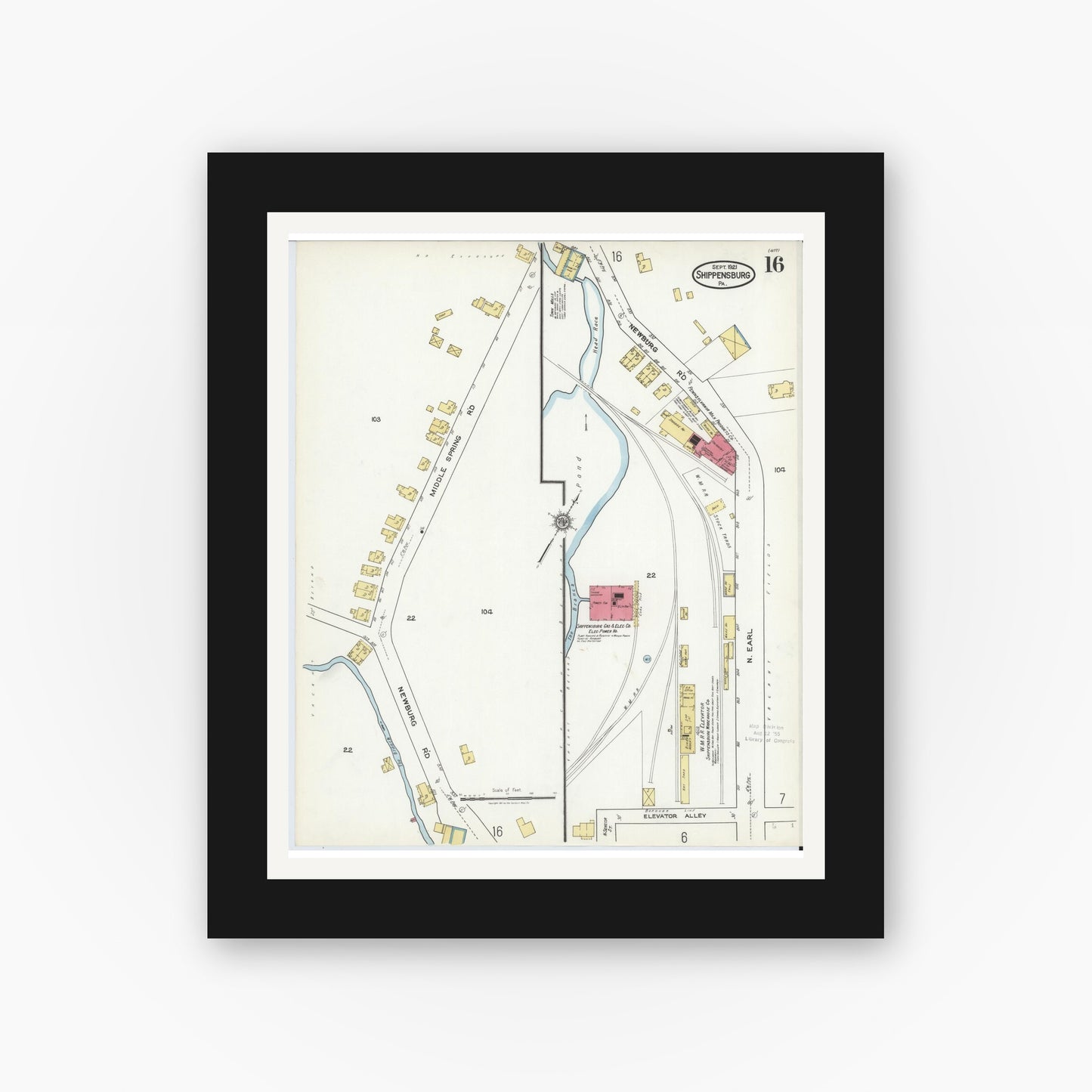 Old map wall art mockup — black gallery frame with white mat — Sanborn Fire Insurance Map from Shippensburg, Cumberland And Franklin Counties, Pennsylvania (1921), Sheet #0016