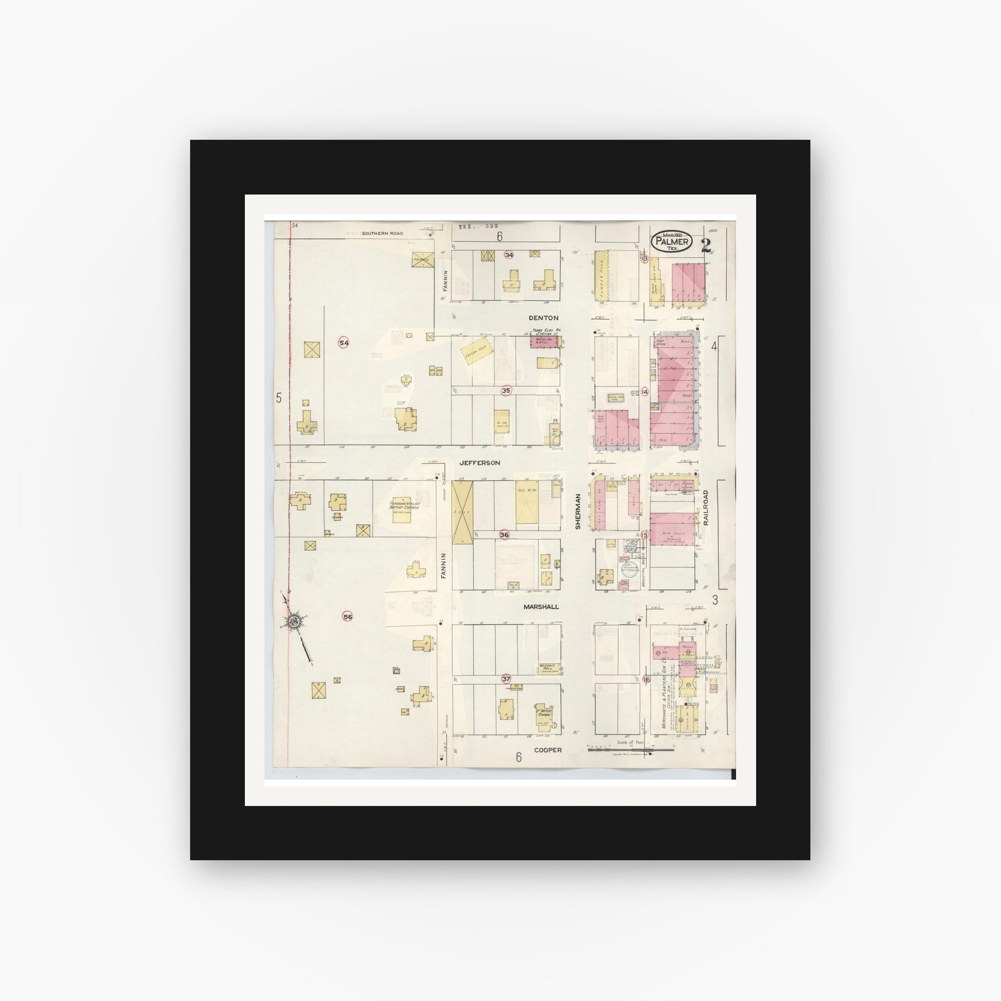 Old map wall art mockup — black gallery frame with white mat — Sanborn Fire Insurance Map from Palmer, Ellis County, Texas (1936), Sheet #0002