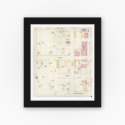 Old map wall art mockup — black gallery frame with white mat — Sanborn Fire Insurance Map from Palmer, Ellis County, Texas (1936), Sheet #0002