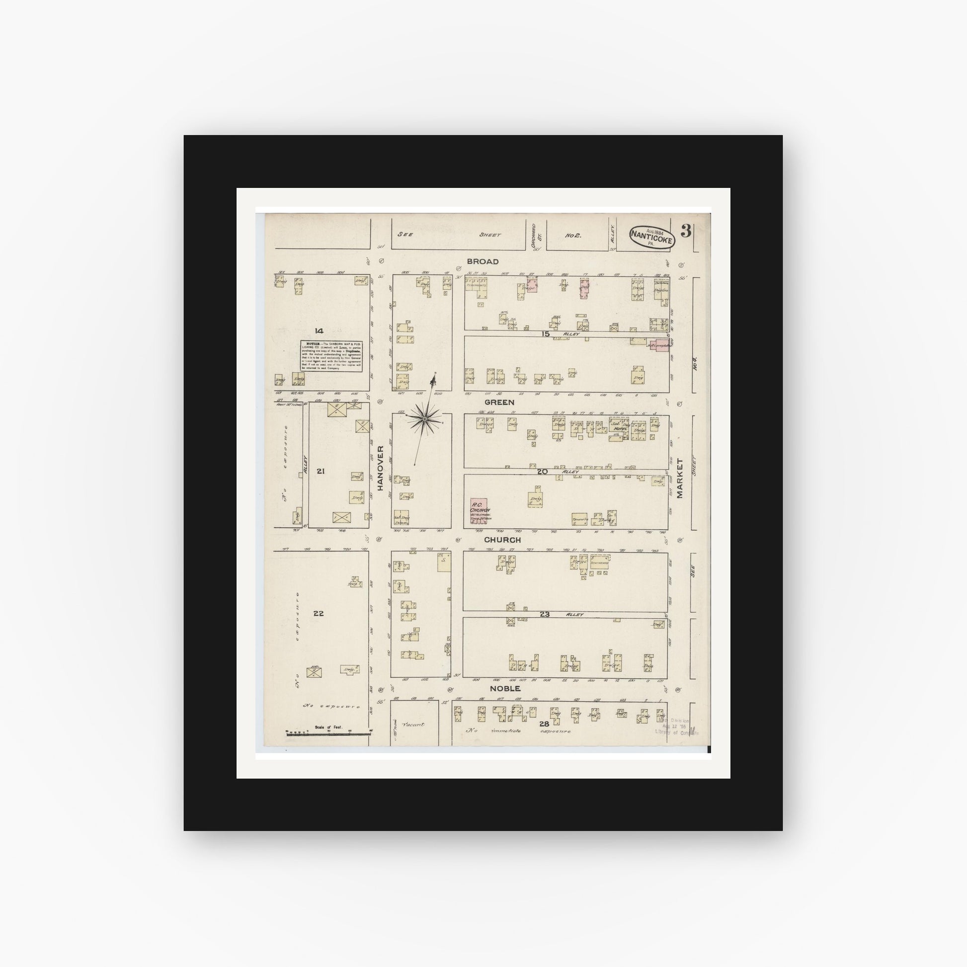 Old map wall art mockup — black gallery frame with white mat — Sanborn Fire Insurance Map from Nanticoke, Luzerne County, Pennsylvania (1884), Sheet #0003