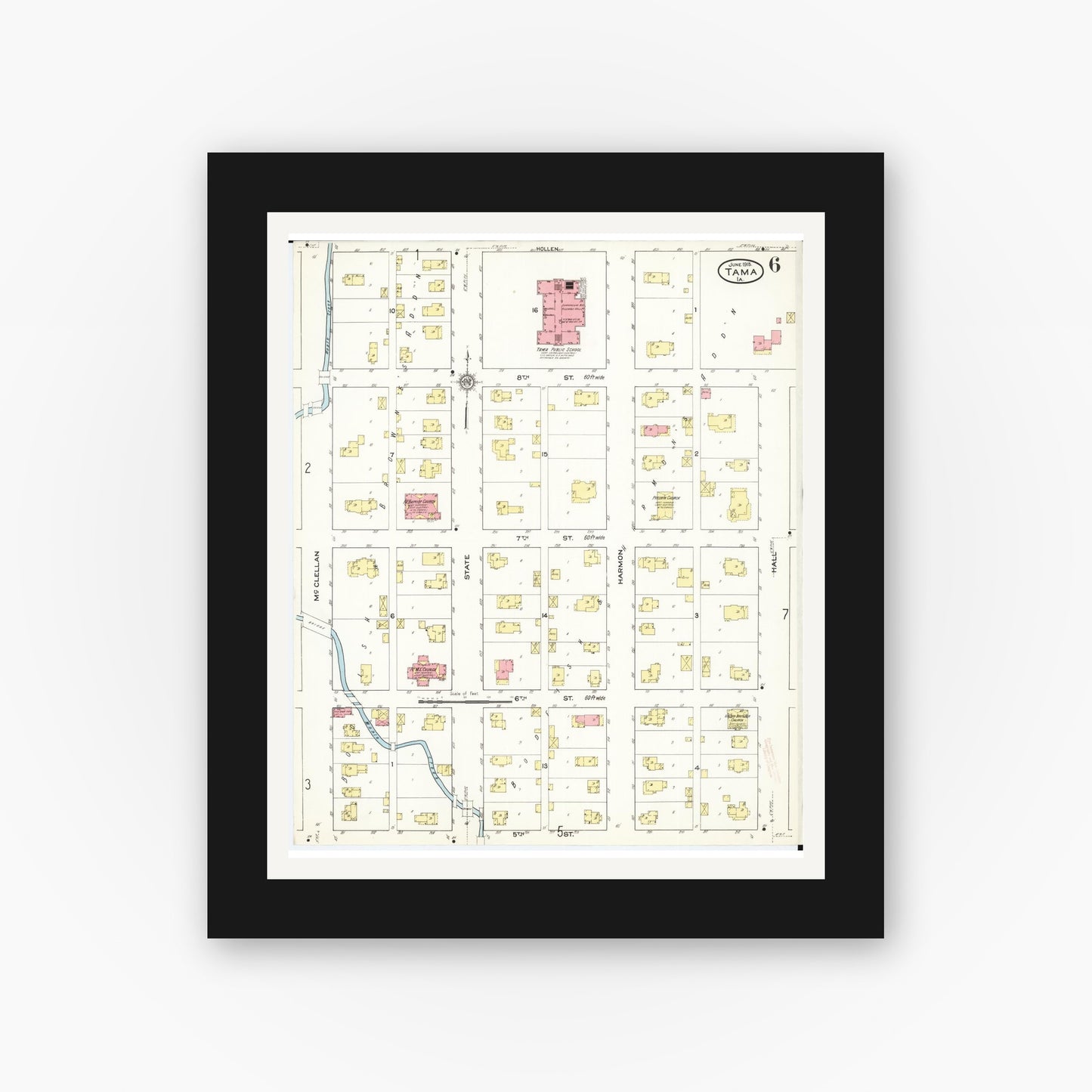 Old map wall art mockup — black gallery frame with white mat — Sanborn Fire Insurance Map from Tama, Tama County, Iowa (1915), Sheet #0006
