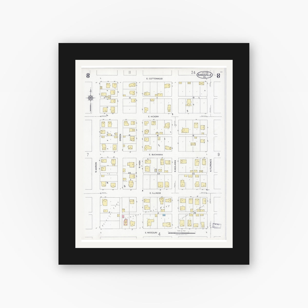 Old map wall art mockup — black gallery frame with white mat — Sanborn Fire Insurance Map from Kirksville, Adair County, Missouri (1925), Sheet #0008